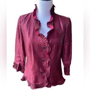 Dressbarn Collection Ruffle Collar Iridescent Burgundy Quarter Sleeve Top Sz. 12